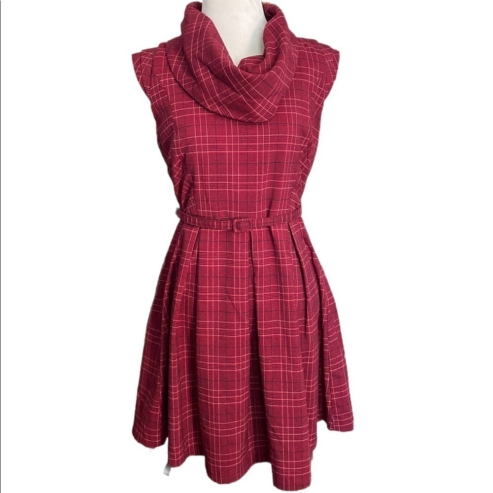 GO INTERNATIONAL Burgundy Plaid Pleated Cowl-Neck Sleeveless Dress SIZE 9